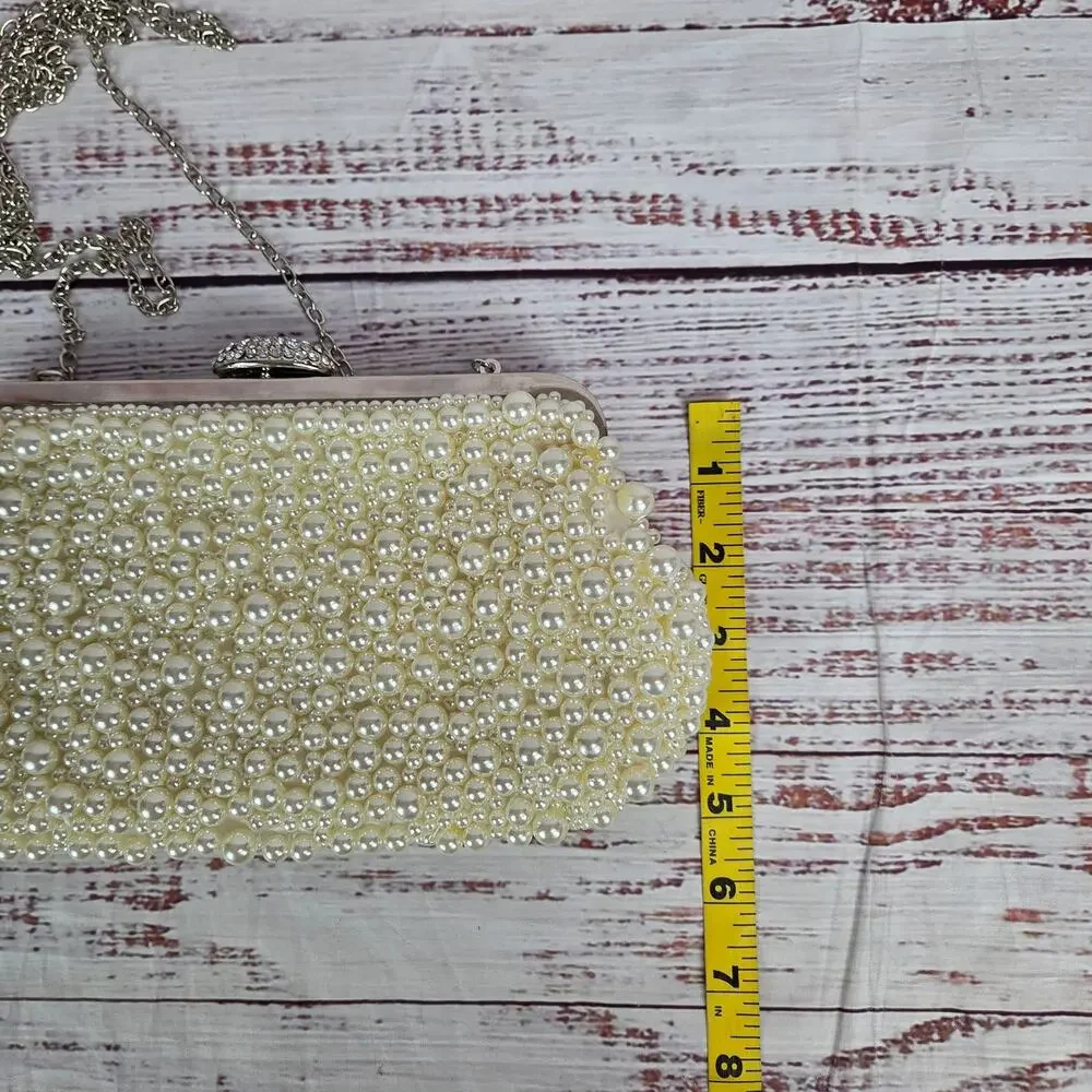 Faux Pearl Jeweled Clutch Purse Chain Strap Sophisticated Parisian Timeless Bag